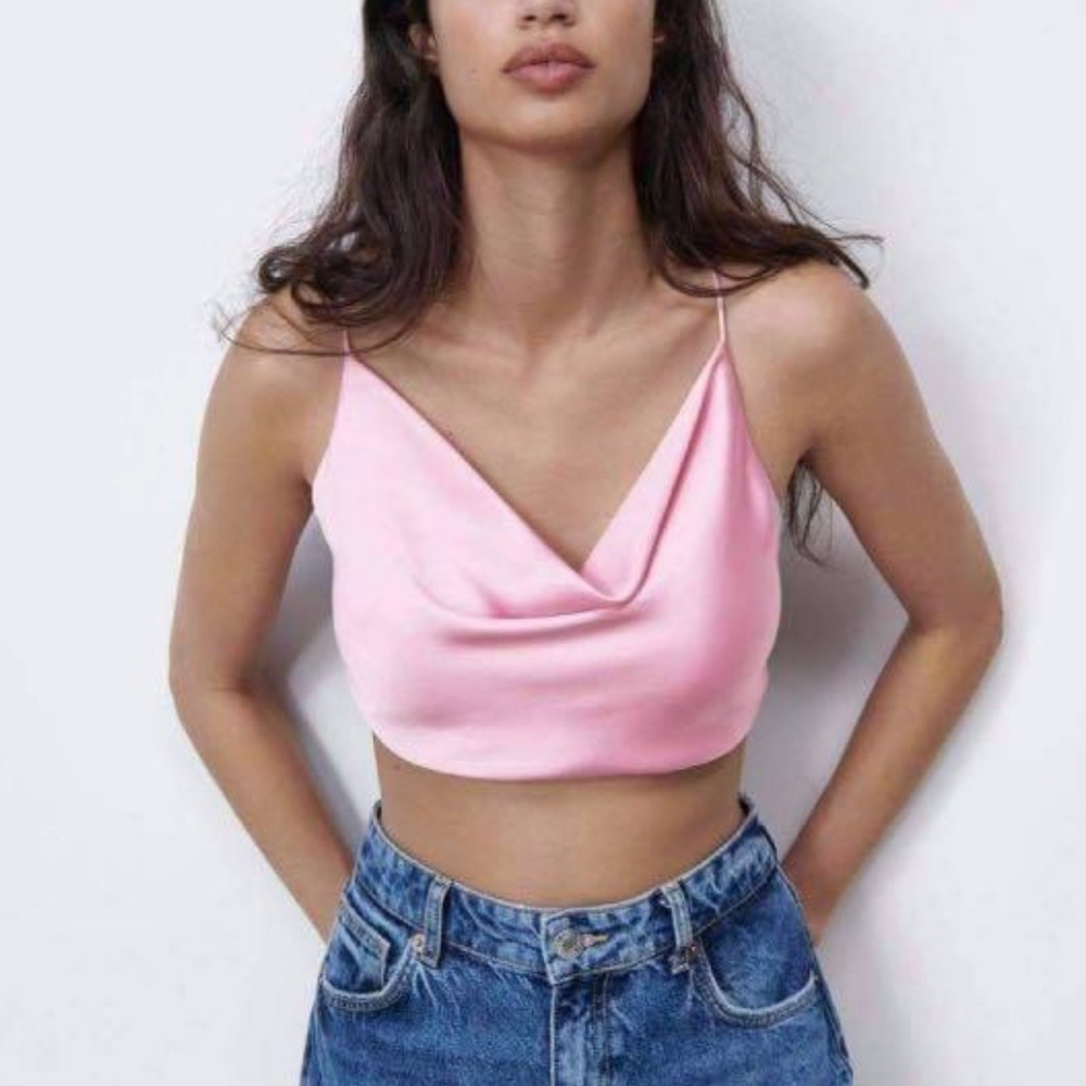 Zara Pink Satin Cowl Crop Top